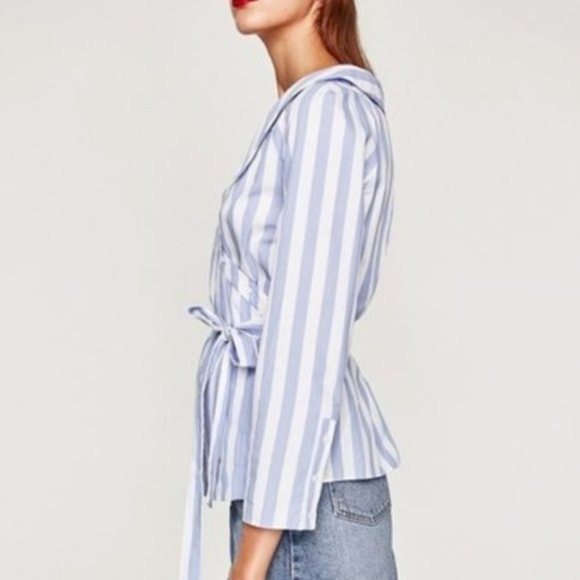ZARA Stripe White Blue Button Up Collar Wrap Top - Picture 4 of 5